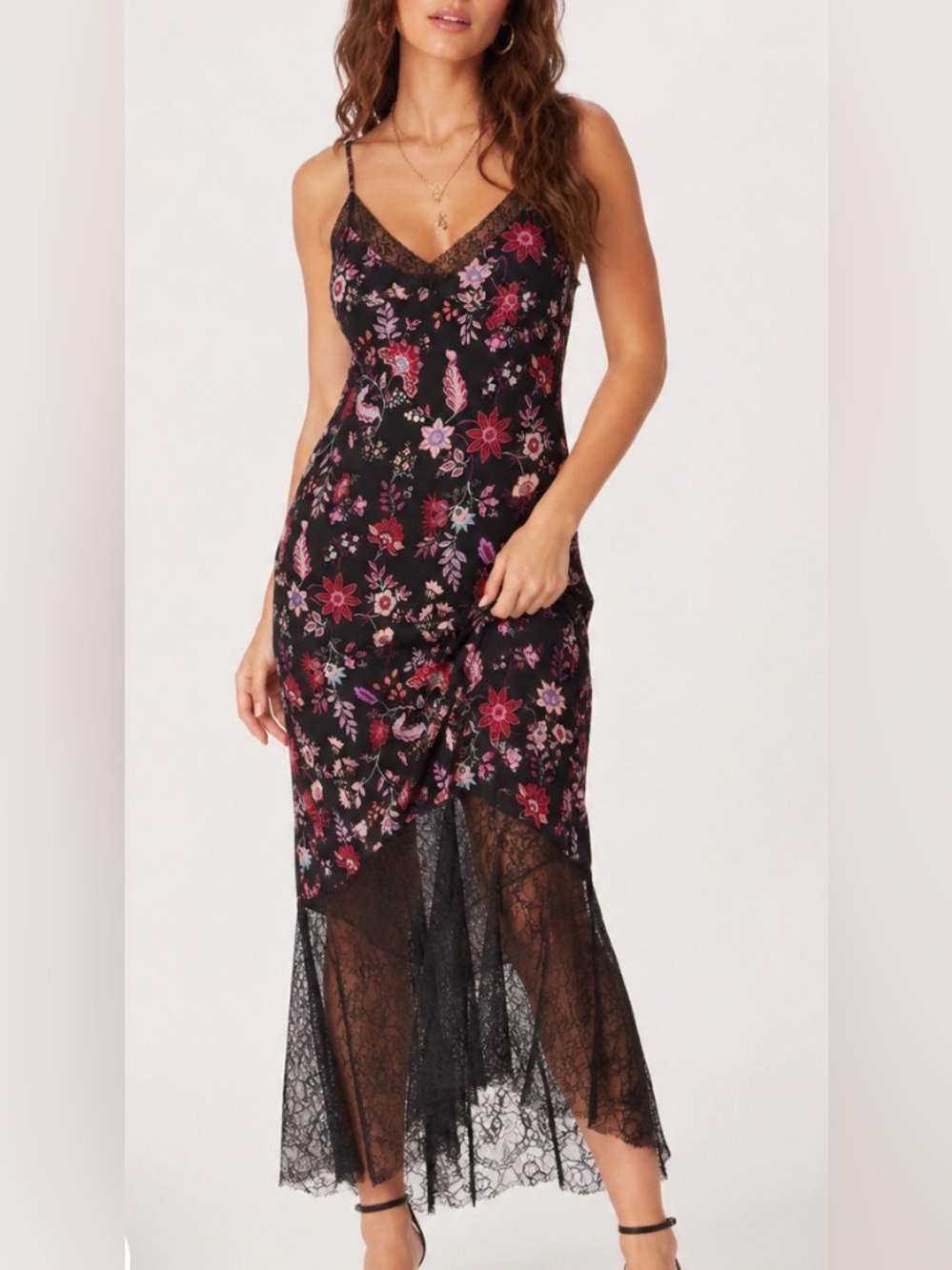 Forever 21 Black Floral Lace Trim Midi Slip Dress Size M Dark Floral Romantic